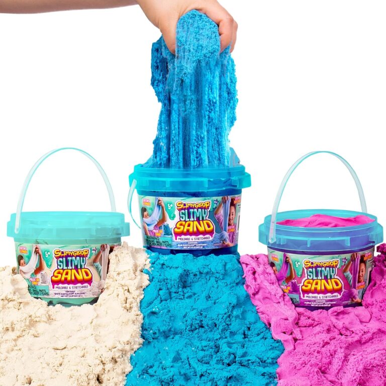 by Horizon Group USA, 4.5 lbs of Stretchable, Expandable, Moldable Non-Stick Slimy Play Sand in 3 Reusable Buckets, Purple/Blue/White